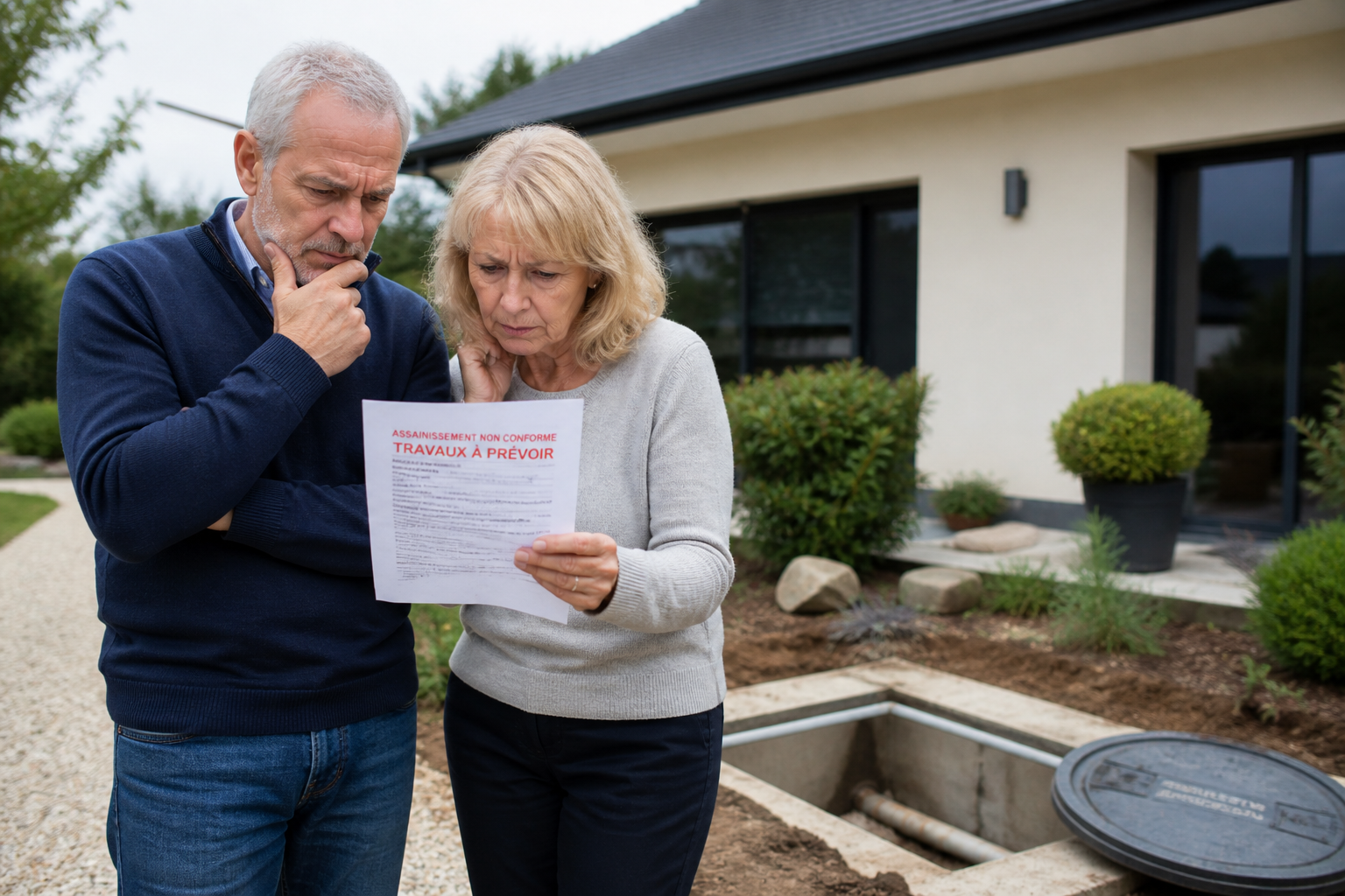 Couple consultant un diagnostic d'assainissement avant la vente de leur maison
